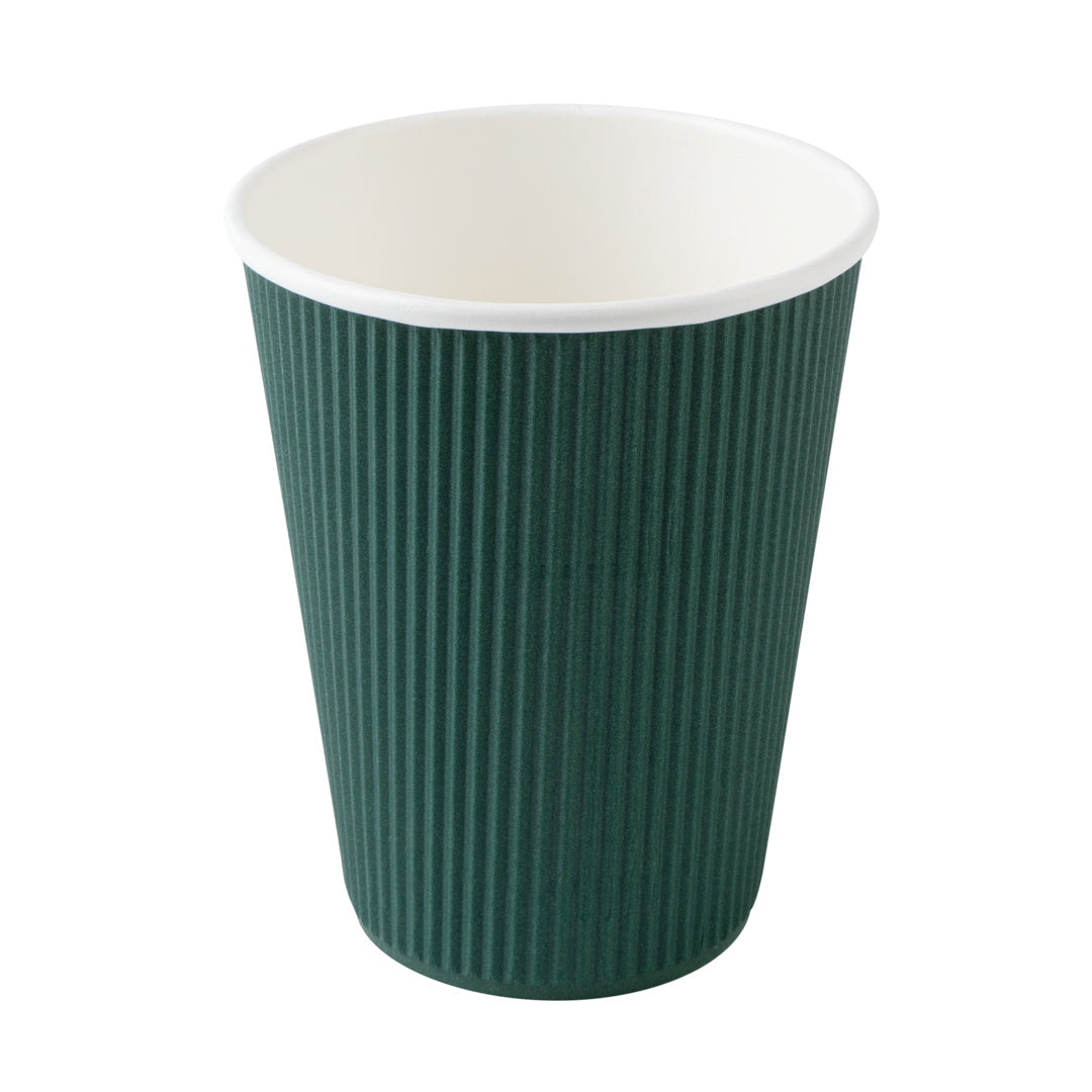 Restpresso 12 oz Dark Green Paper Ripple Wall Coffee Cup - with Black Lid - 3 1/2" x 3 1/2" x 5" - 200 count box