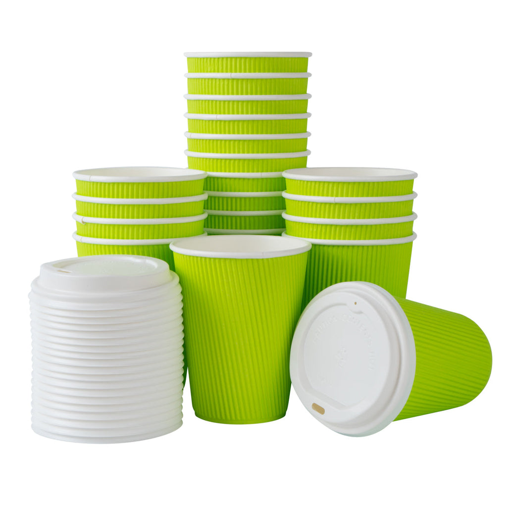 Restpresso 12 oz Eco Green Paper Ripple Wall Coffee Cup - with White Lid - 3 1/2" x 3 1/2" x 5" - 20 count box
