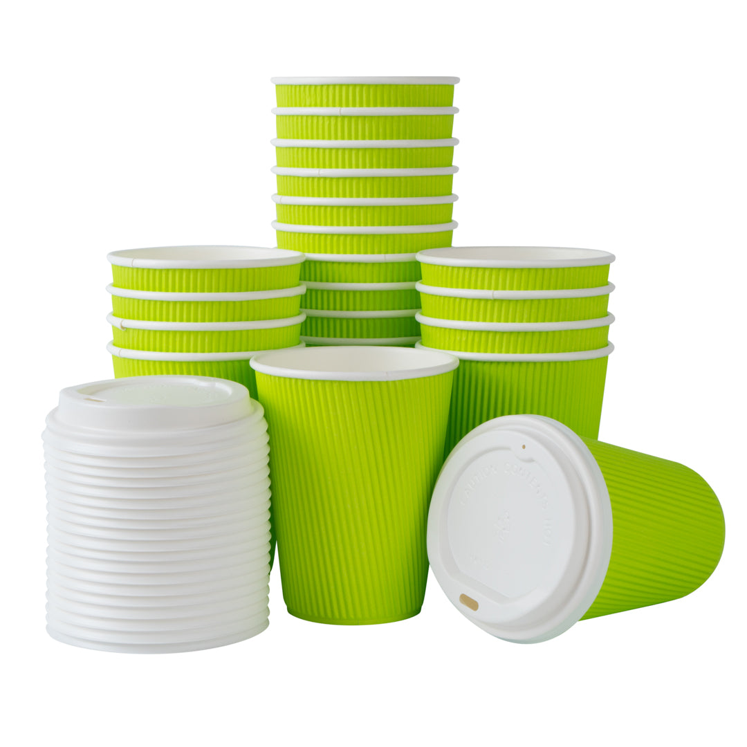 Restpresso 12 oz Eco Green Paper Ripple Wall Coffee Cup - with White Lid - 3 1/2" x 3 1/2" x 5" - 20 count box