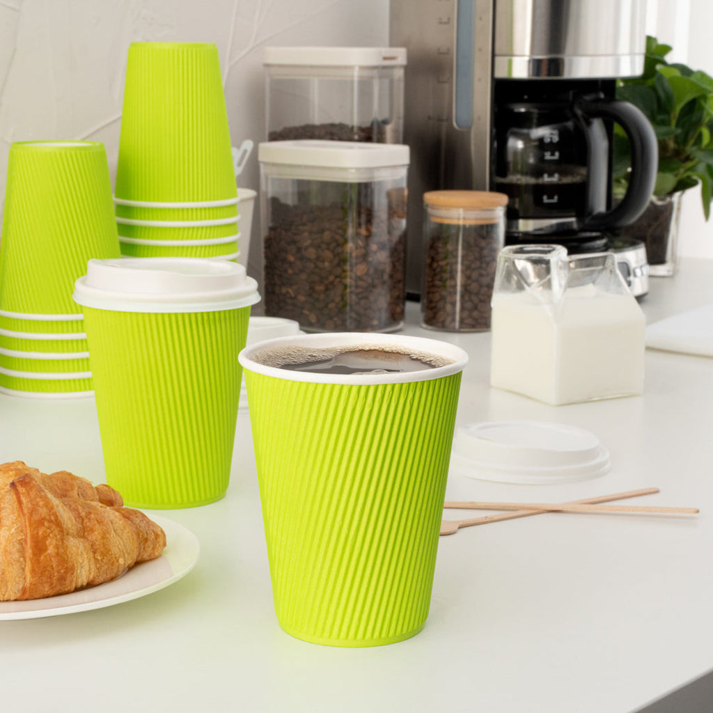 Restpresso 12 oz Eco Green Paper Ripple Wall Coffee Cup - with White Lid - 3 1/2" x 3 1/2" x 5" - 20 count box