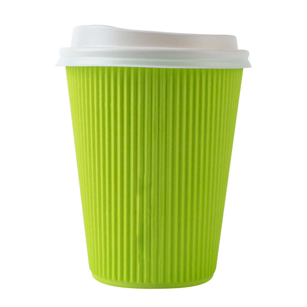 Restpresso 12 oz Eco Green Paper Ripple Wall Coffee Cup - with White Lid - 3 1/2" x 3 1/2" x 5" - 20 count box