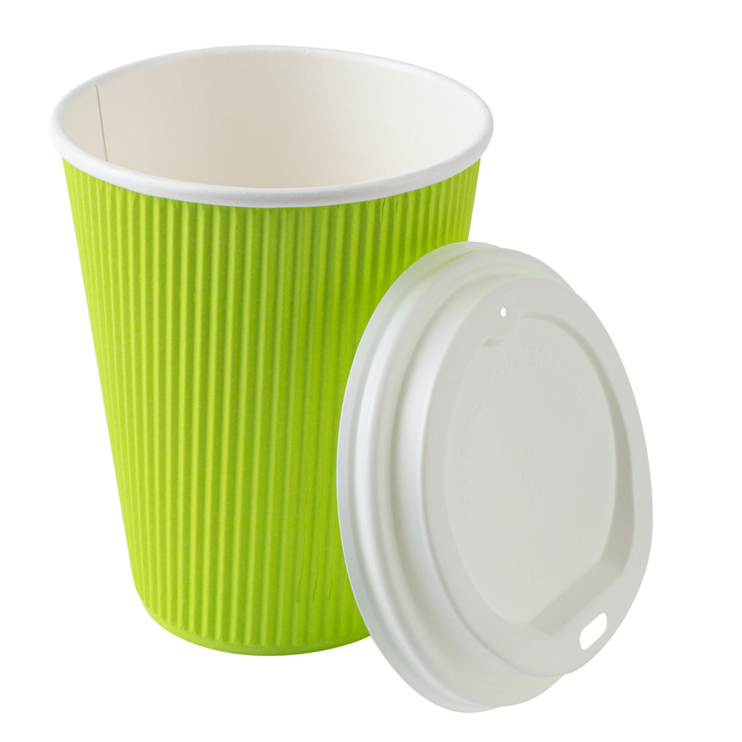 Restpresso 12 oz Eco Green Paper Ripple Wall Coffee Cup - with White Lid - 3 1/2" x 3 1/2" x 5" - 20 count box