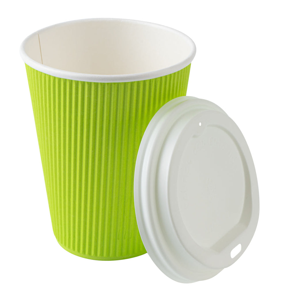 Restpresso 12 oz Eco Green Paper Ripple Wall Coffee Cup - with White Lid - 3 1/2" x 3 1/2" x 5" - 200 count box