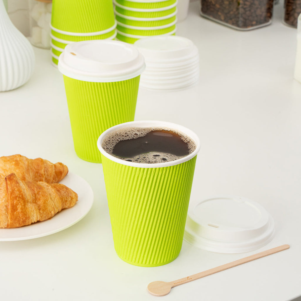 Restpresso 12 oz Eco Green Paper Ripple Wall Coffee Cup - with White Lid - 3 1/2" x 3 1/2" x 5" - 200 count box