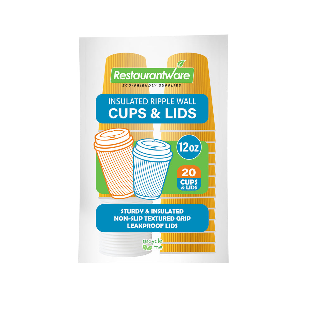 Restpresso 12 oz Yellow Paper Ripple Wall Coffee Cup - with White Lid - 3 1/2" x 3 1/2" x 5" - 20 count box