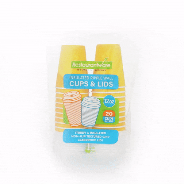 Restpresso 12 oz Yellow Paper Ripple Wall Coffee Cup - with White Lid - 3 1/2" x 3 1/2" x 5" - 20 count box