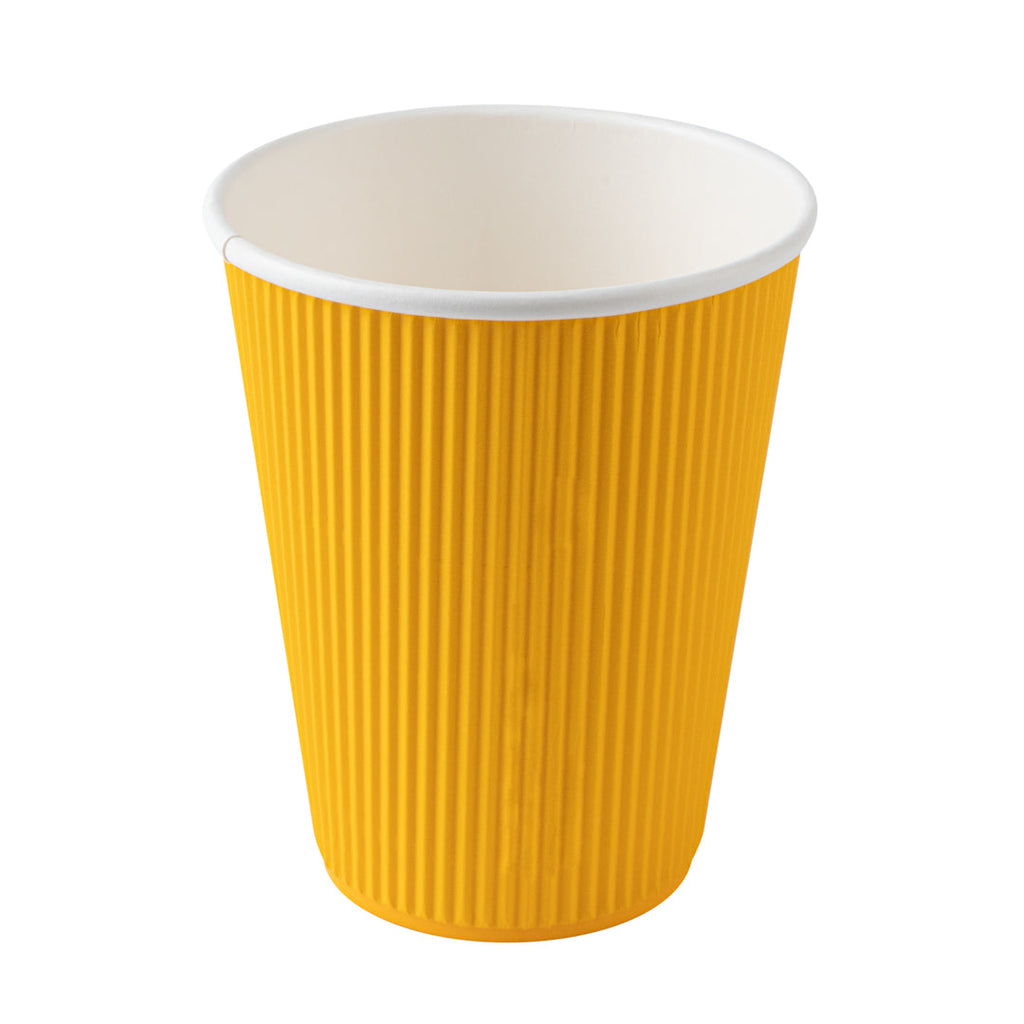 Restpresso 12 oz Yellow Paper Ripple Wall Coffee Cup - with White Lid - 3 1/2" x 3 1/2" x 5" - 20 count box