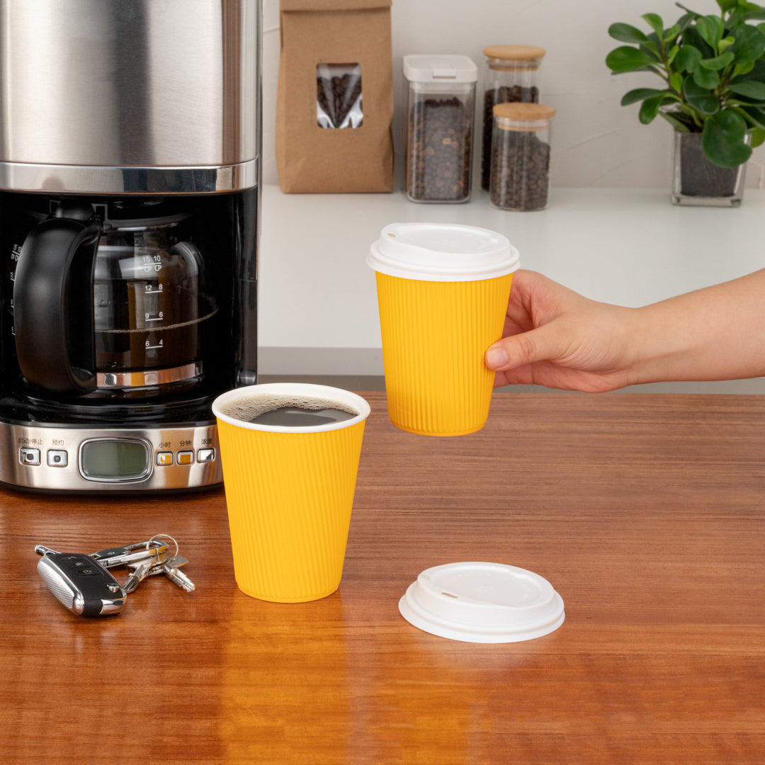 Restpresso 12 oz Yellow Paper Ripple Wall Coffee Cup - with White Lid - 3 1/2" x 3 1/2" x 5" - 20 count box