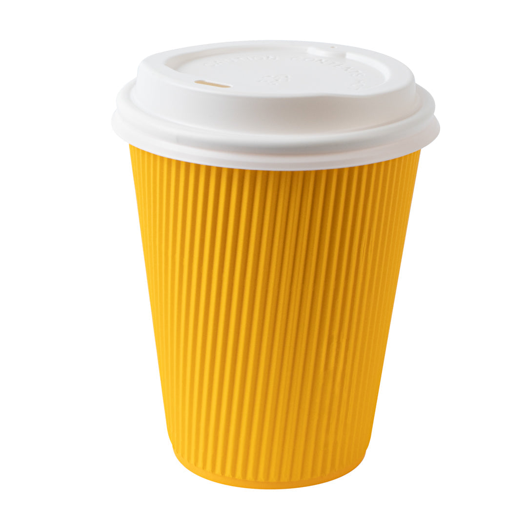 Restpresso 12 oz Yellow Paper Ripple Wall Coffee Cup - with White Lid - 3 1/2" x 3 1/2" x 5" - 200 count box