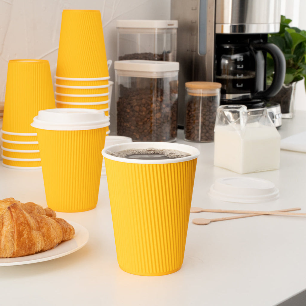 Restpresso 12 oz Yellow Paper Ripple Wall Coffee Cup - with White Lid - 3 1/2" x 3 1/2" x 5" - 200 count box
