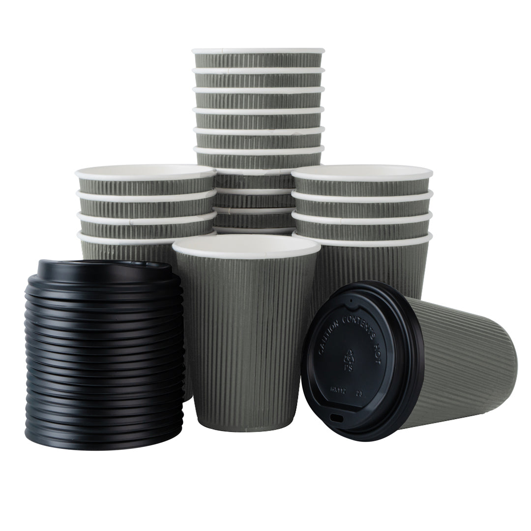 Restpresso 12 oz Gray Paper Ripple Wall Coffee Cup - with Black Lid - 3 1/2" x 3 1/2" x 5" - 20 count box