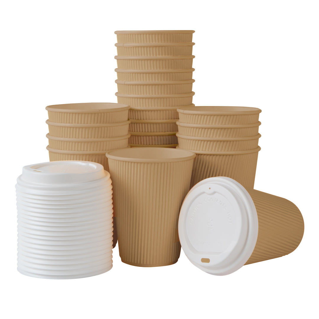 Restpresso 12 oz Kraft Paper Ripple Wall Coffee Cup - with White Lid - 3 1/2" x 3 1/2" x 5" - 200 count box