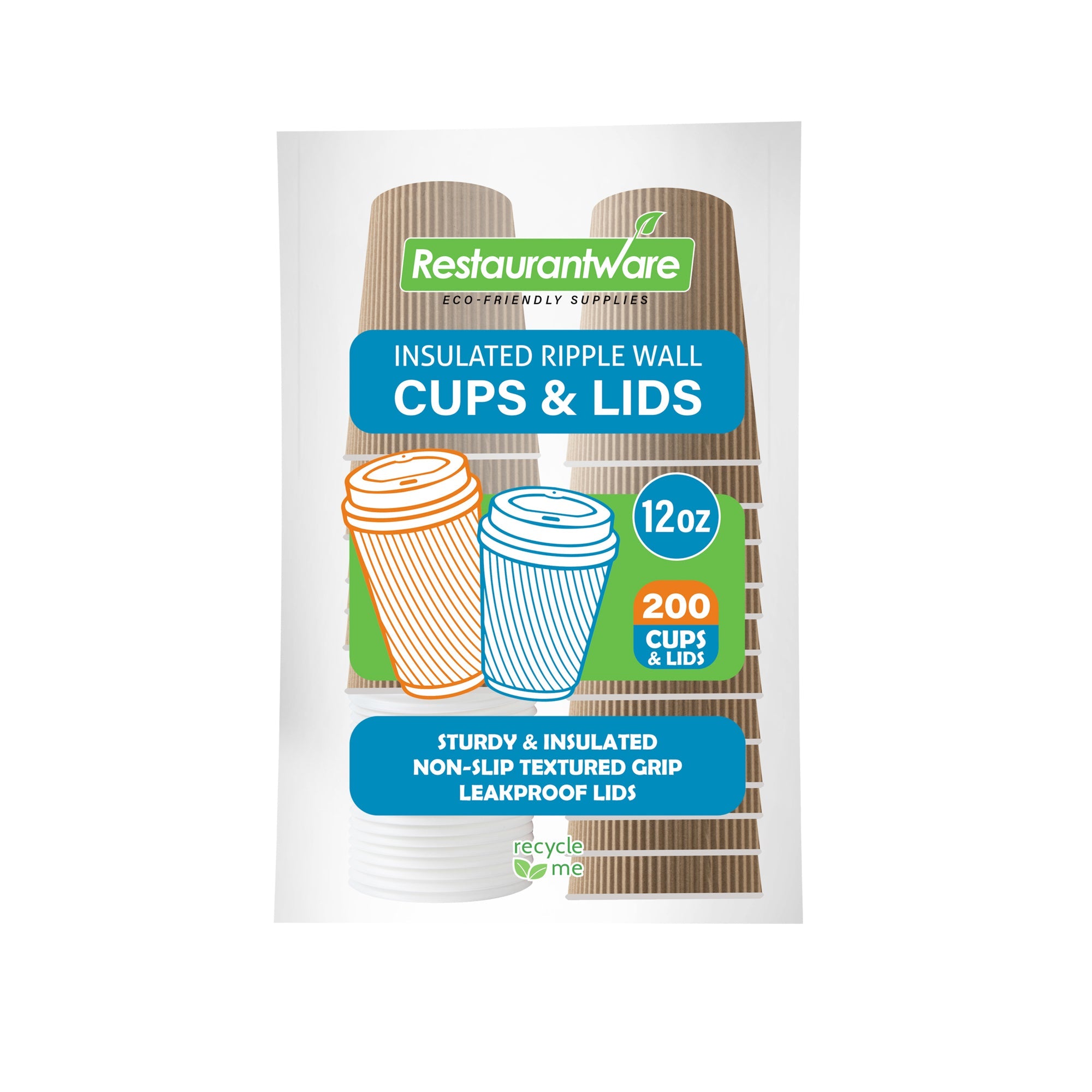 Restpresso 12 oz Kraft Paper Ripple Wall Coffee Cup - with White Lid - 3 1/2" x 3 1/2" x 5" - 200 count box