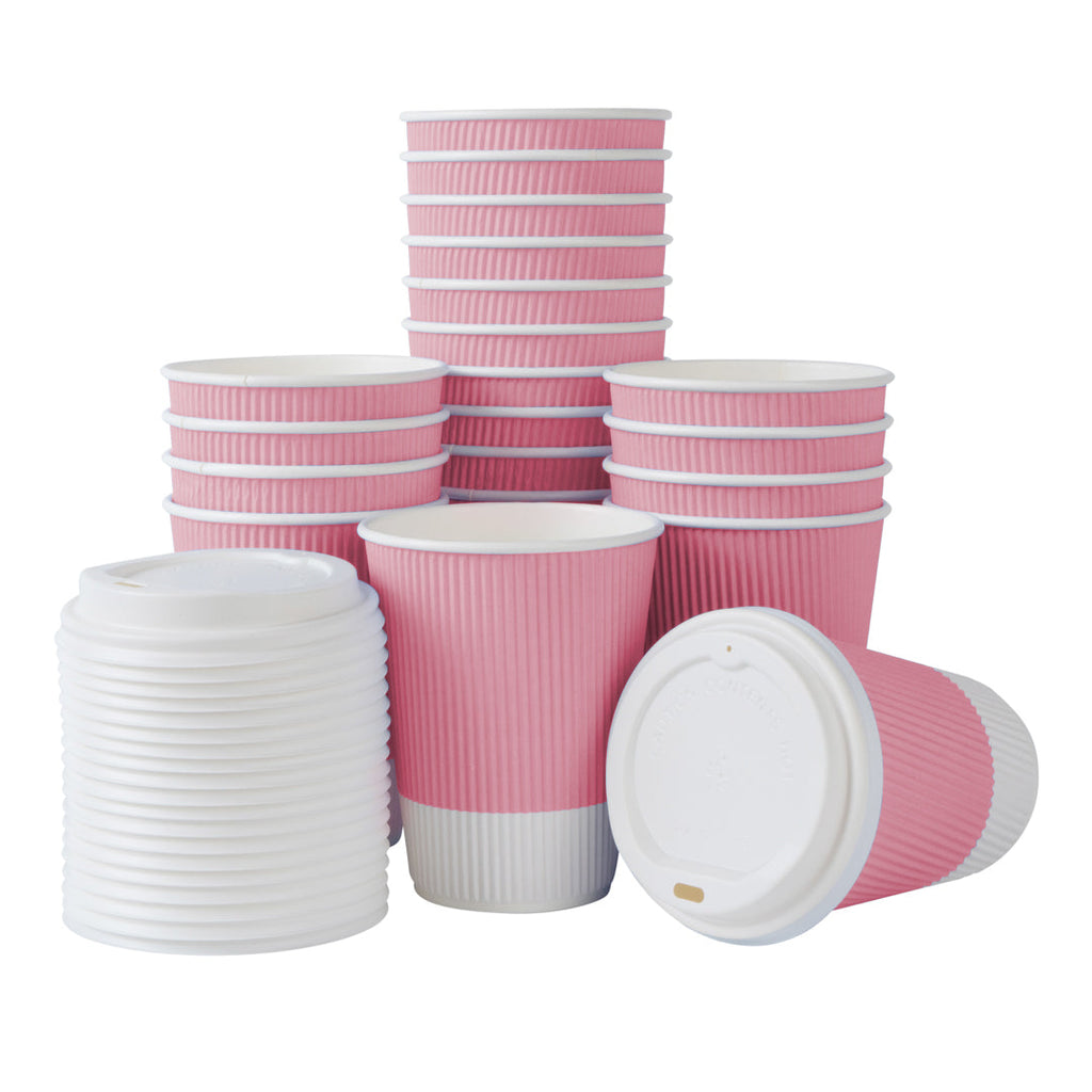 Restpresso 12 oz Light Pink Paper Ripple Wall Coffee Cup - with White Lid - 3 1/2" x 3 1/2" x 5" - 20 count box