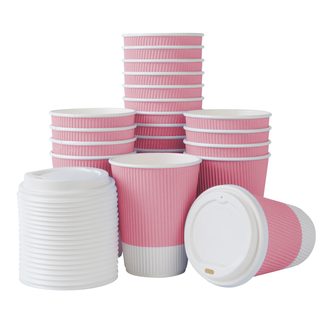 Restpresso 12 oz Light Pink Paper Ripple Wall Coffee Cup - with White Lid - 3 1/2" x 3 1/2" x 5" - 20 count box