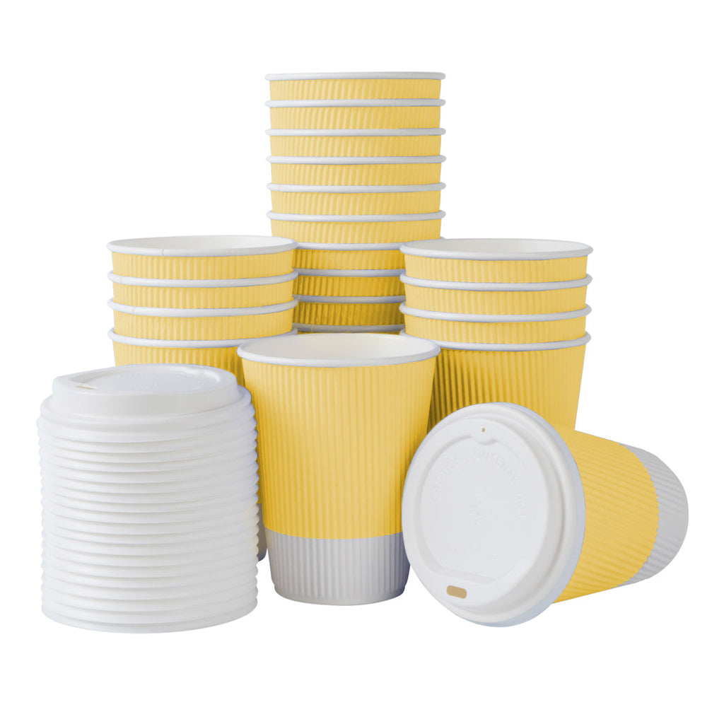 Restpresso 12 oz Light Yellow Paper Ripple Wall Coffee Cup - with White Lid - 3 1/2" x 3 1/2" x 5" - 20 count box