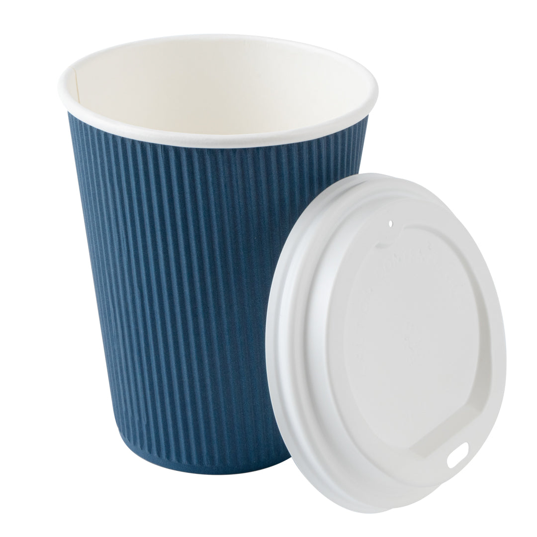 Restpresso 12 oz Midnight Blue Paper Ripple Wall Coffee Cup - with White Lid - 3 1/2" x 3 1/2" x 5" - 20 count box