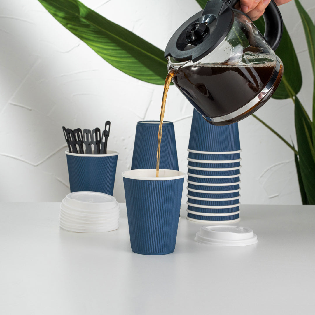 Restpresso 12 oz Midnight Blue Paper Ripple Wall Coffee Cup - with White Lid - 3 1/2" x 3 1/2" x 5" - 20 count box