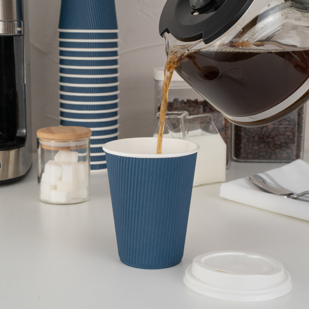 Restpresso 12 oz Midnight Blue Paper Ripple Wall Coffee Cup - with White Lid - 3 1/2" x 3 1/2" x 5" - 200 count box