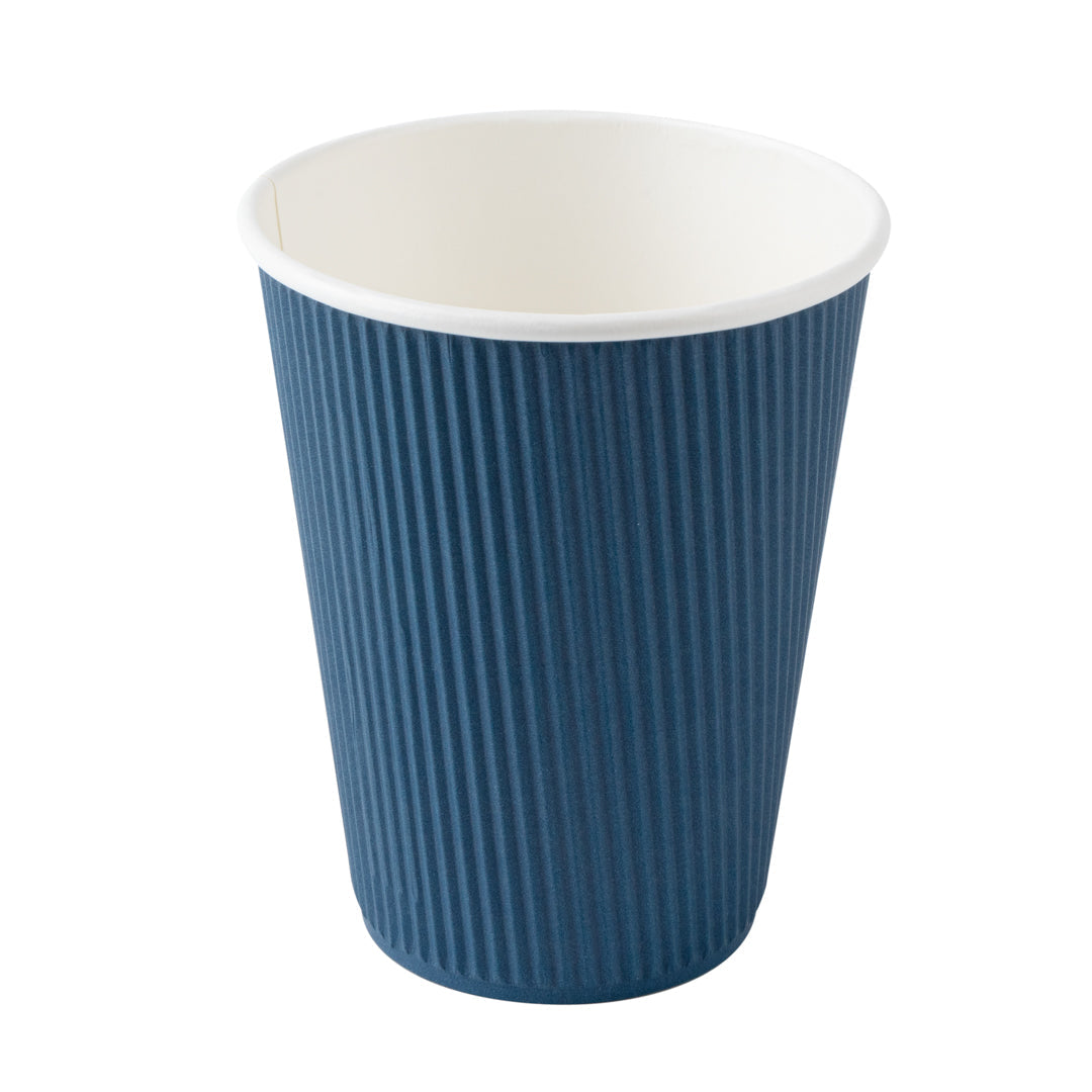 Restpresso 12 oz Midnight Blue Paper Ripple Wall Coffee Cup - with White Lid - 3 1/2" x 3 1/2" x 5" - 200 count box