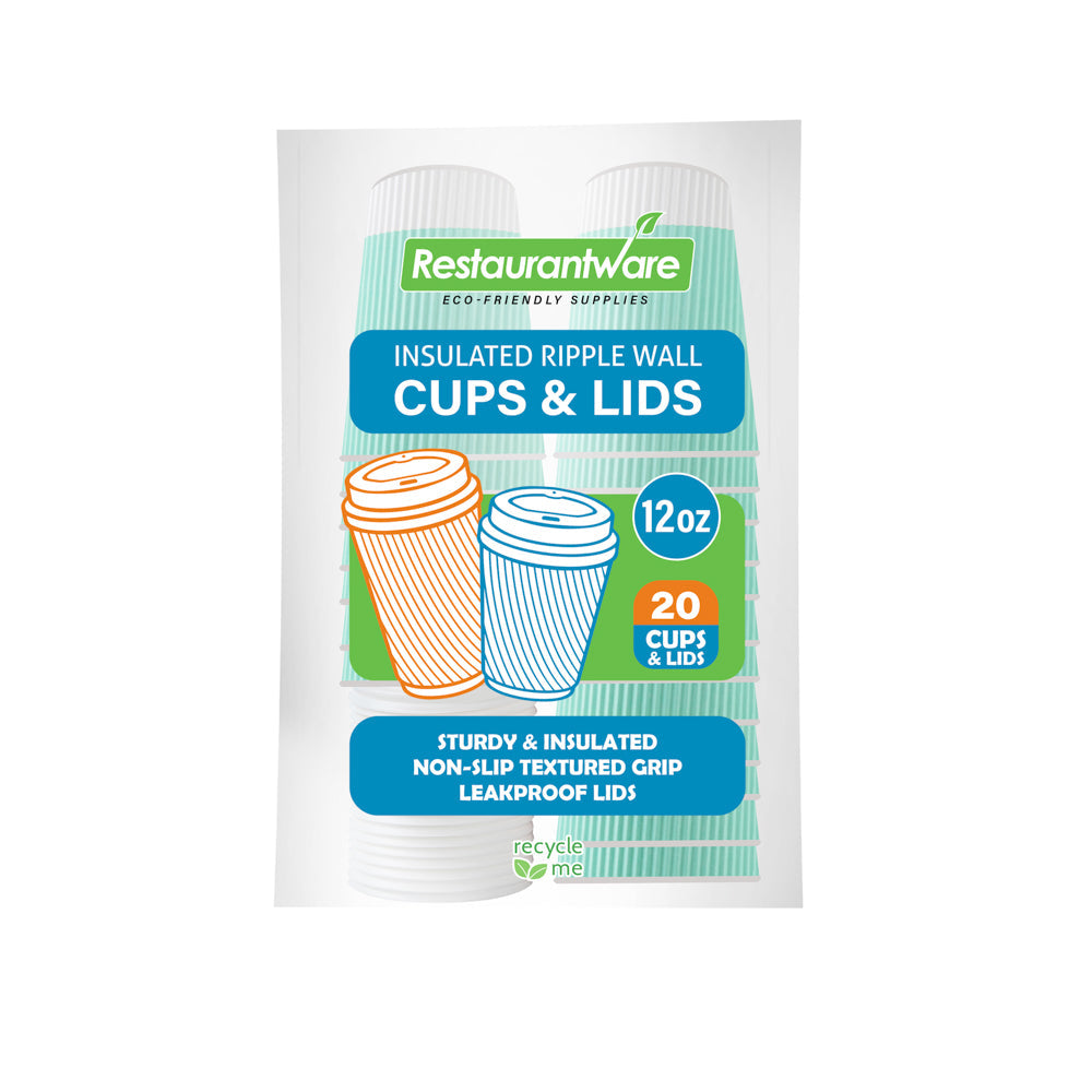 Restpresso 12 oz Light Green Paper Ripple Wall Coffee Cup - with White Lid - 3 1/2" x 3 1/2" x 5" - 20 count box