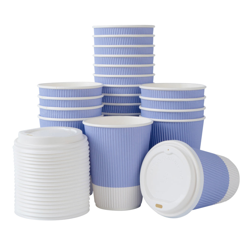 Restpresso 12 oz Light Purple Paper Ripple Wall Coffee Cup - with White Lid - 3 1/2" x 3 1/2" x 5" - 20 count box