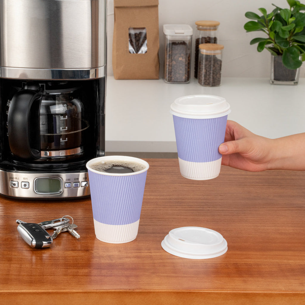 Restpresso 12 oz Light Purple Paper Ripple Wall Coffee Cup - with White Lid - 3 1/2" x 3 1/2" x 5" - 200 count box