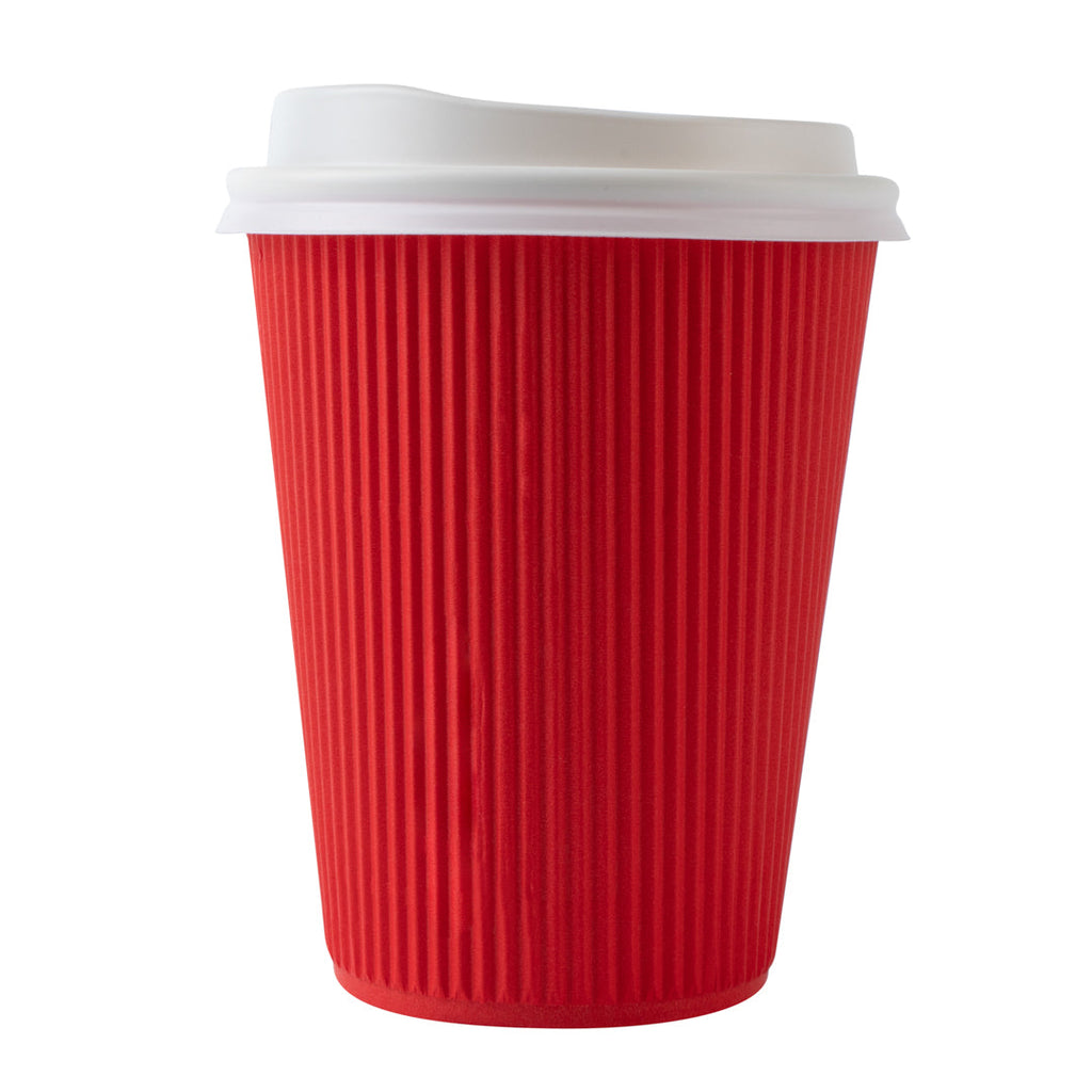 Restpresso 12 oz Red Paper Ripple Wall Coffee Cup - with White Lid - 3 1/2" x 3 1/2" x 5" - 20 count box
