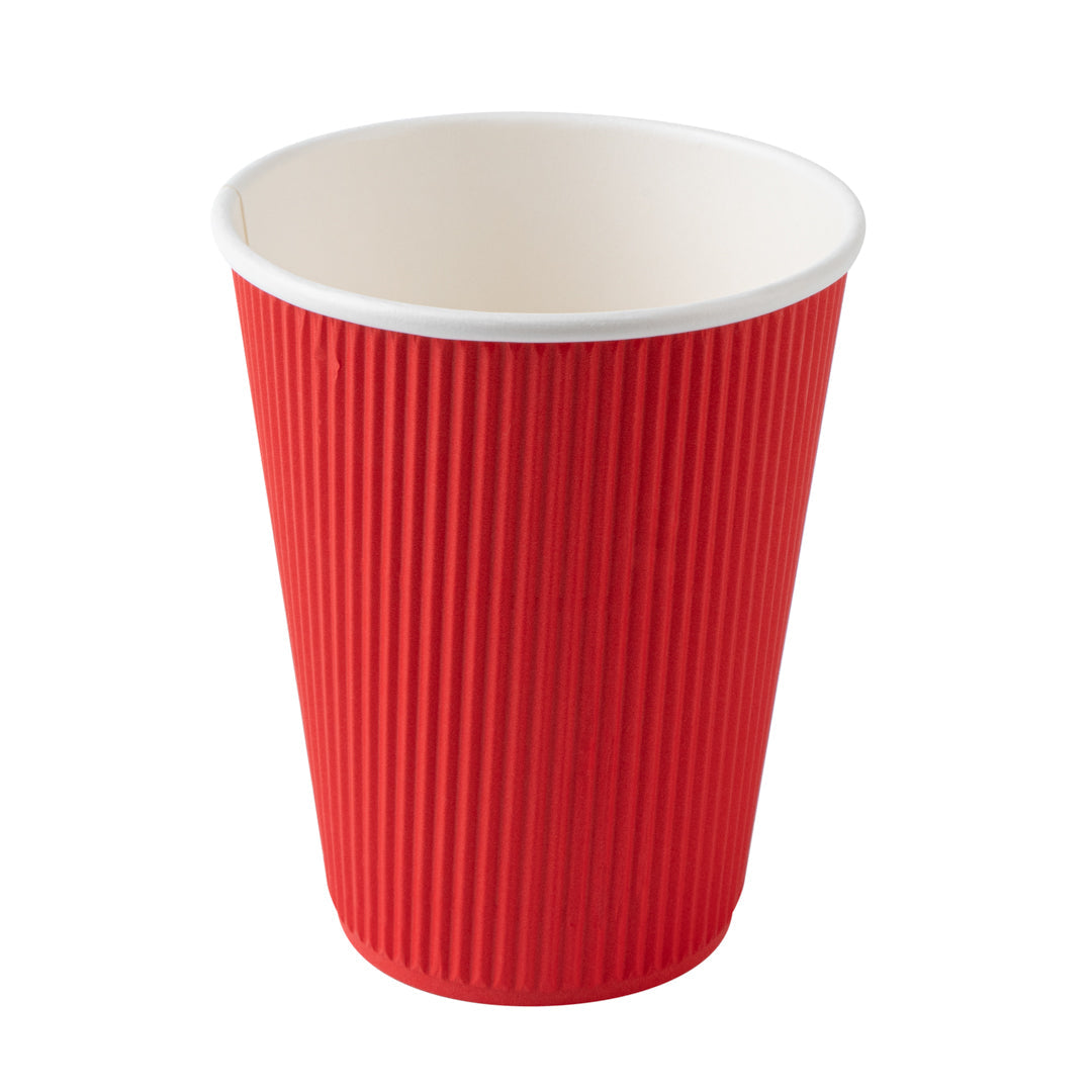 Restpresso 12 oz Red Paper Ripple Wall Coffee Cup - with White Lid - 3 1/2" x 3 1/2" x 5" - 20 count box