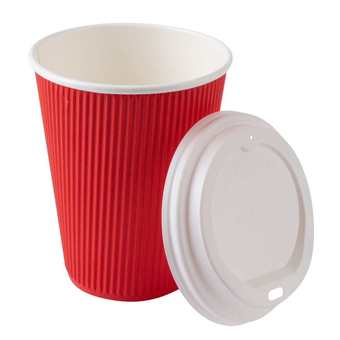 Restpresso 12 oz Red Paper Ripple Wall Coffee Cup - with White Lid - 3 1/2" x 3 1/2" x 5" - 200 count box