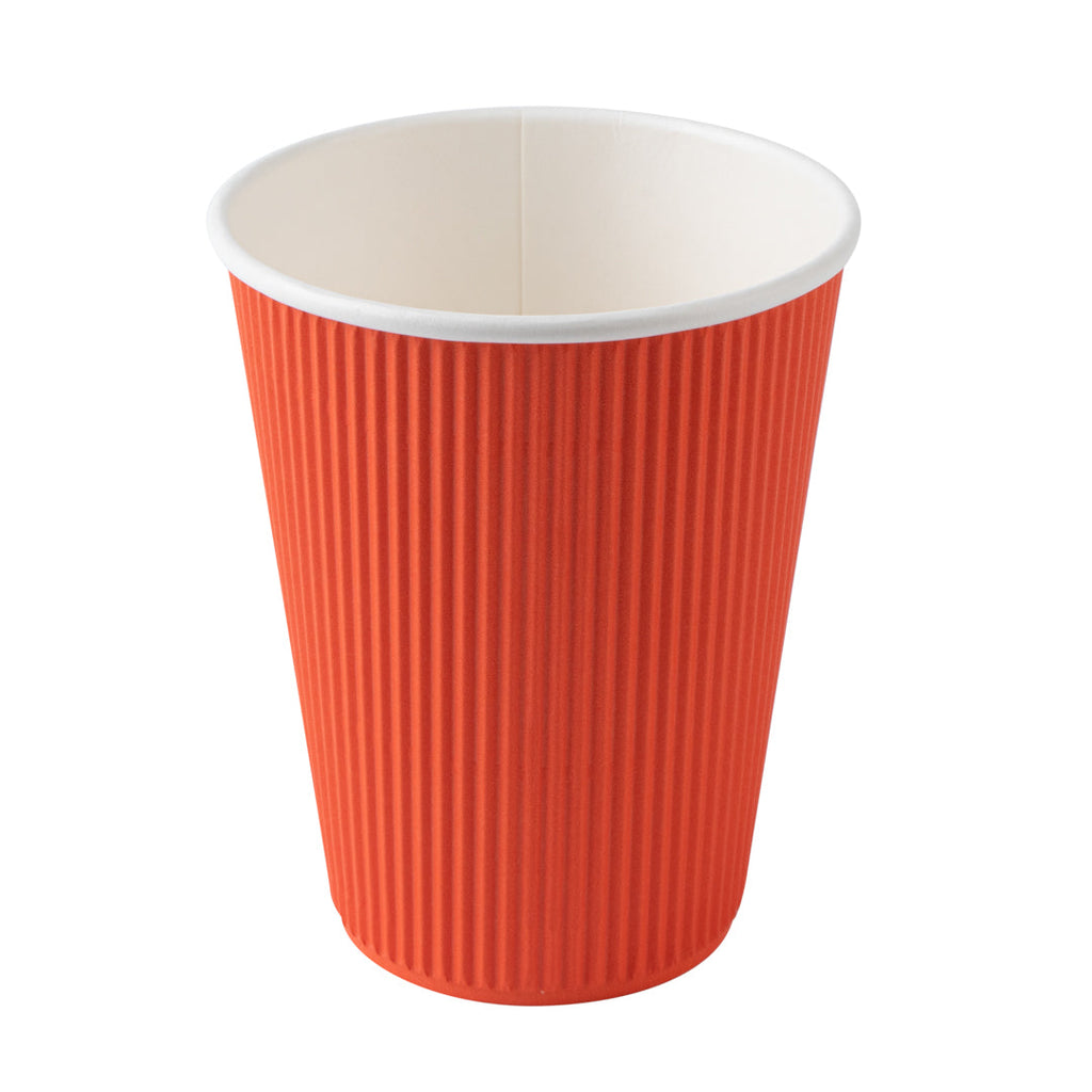Restpresso 12 oz Tangerine Orange Paper Ripple Wall Coffee Cup - with White Lid - 3 1/2" x 3 1/2" x 5" - 20 count box