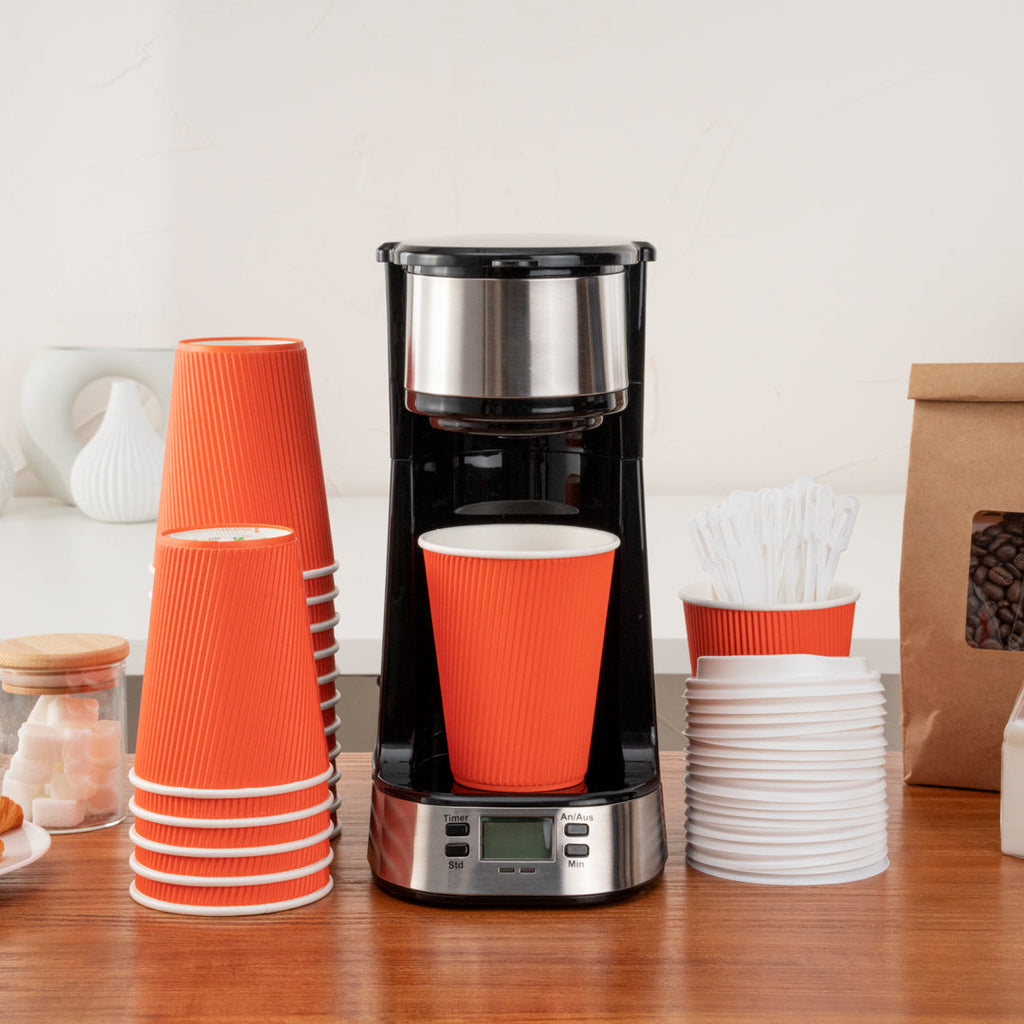 Restpresso 12 oz Tangerine Orange Paper Ripple Wall Coffee Cup - with White Lid - 3 1/2" x 3 1/2" x 5" - 20 count box