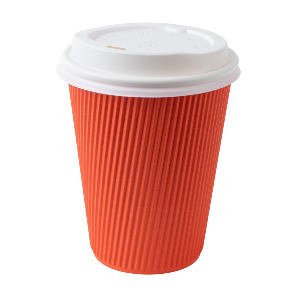 Restpresso 12 oz Tangerine Orange Paper Ripple Wall Coffee Cup - with White Lid - 3 1/2" x 3 1/2" x 5" - 200 count box