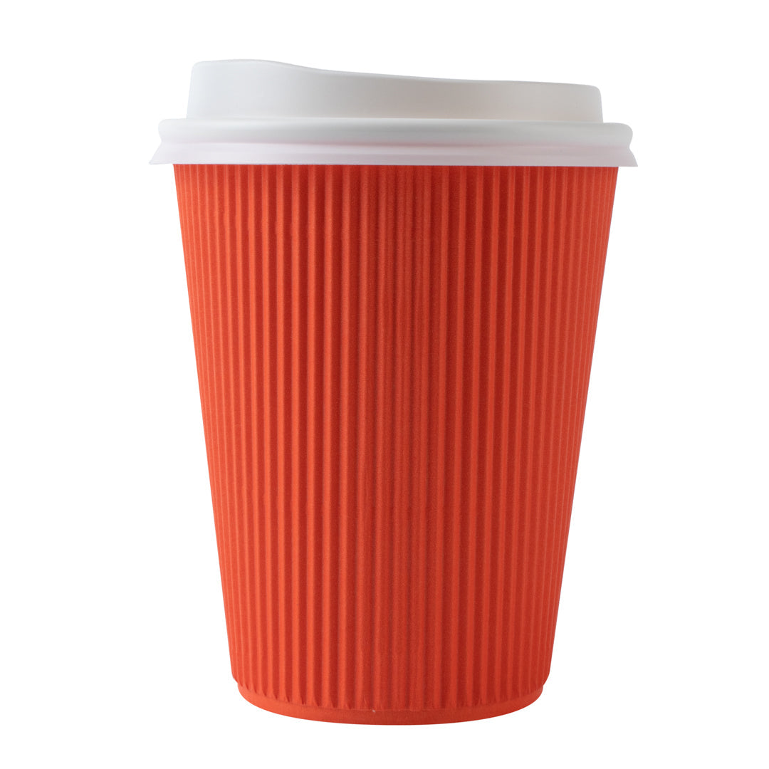 Restpresso 12 oz Tangerine Orange Paper Ripple Wall Coffee Cup - with White Lid - 3 1/2" x 3 1/2" x 5" - 200 count box
