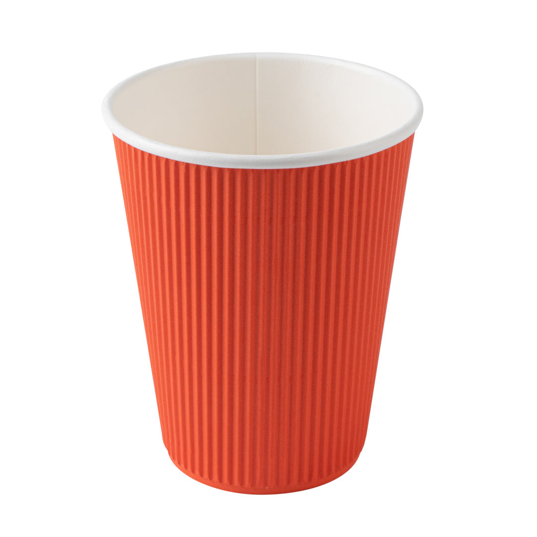 Restpresso 12 oz Tangerine Orange Paper Ripple Wall Coffee Cup - with White Lid - 3 1/2" x 3 1/2" x 5" - 200 count box