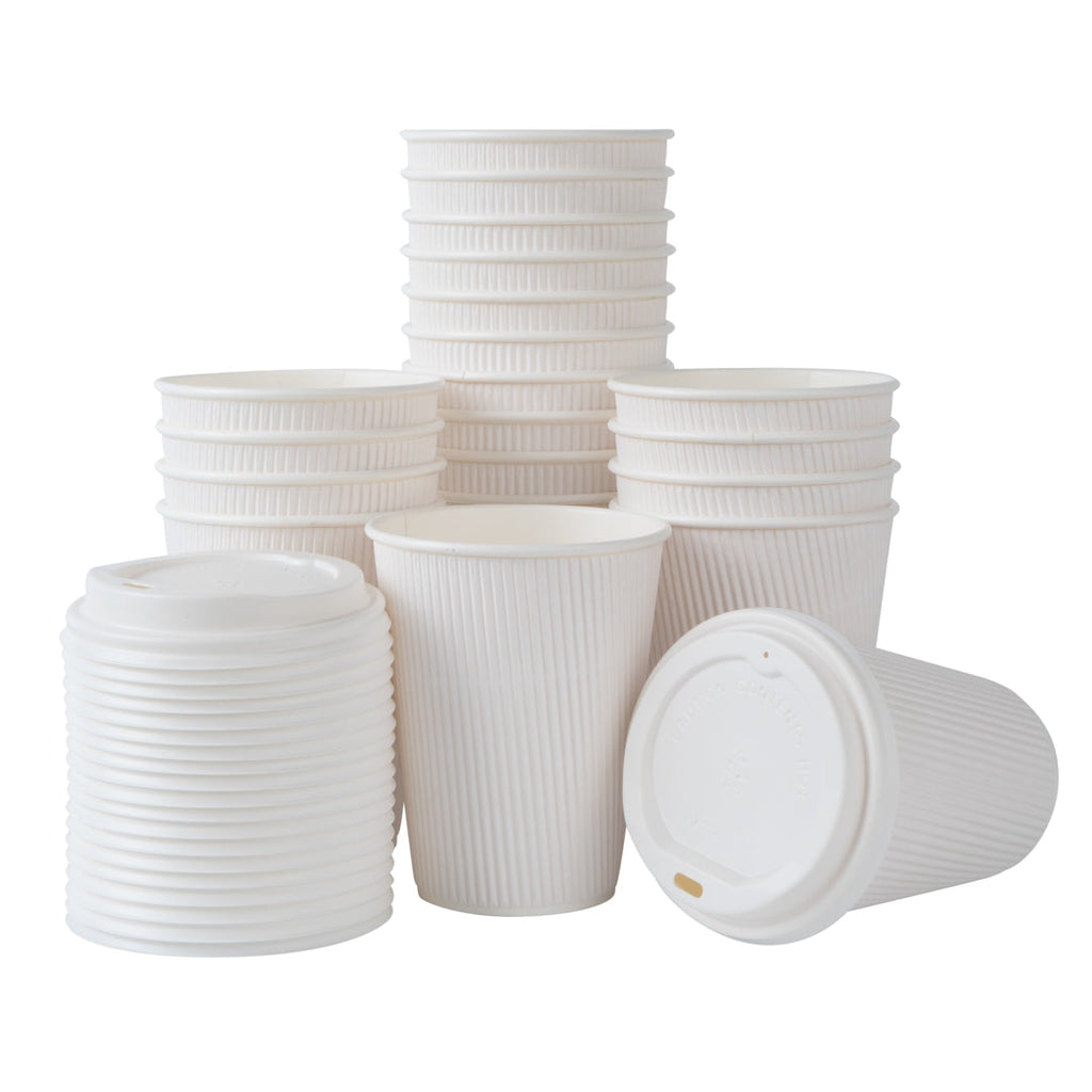 Restpresso 12 oz White Paper Ripple Wall Coffee Cup - with White Lid - 3 1/2" x 3 1/2" x 5" - 20 count box