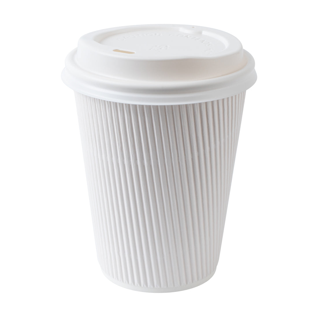 Restpresso 12 oz White Paper Ripple Wall Coffee Cup - with White Lid - 3 1/2" x 3 1/2" x 5" - 20 count box