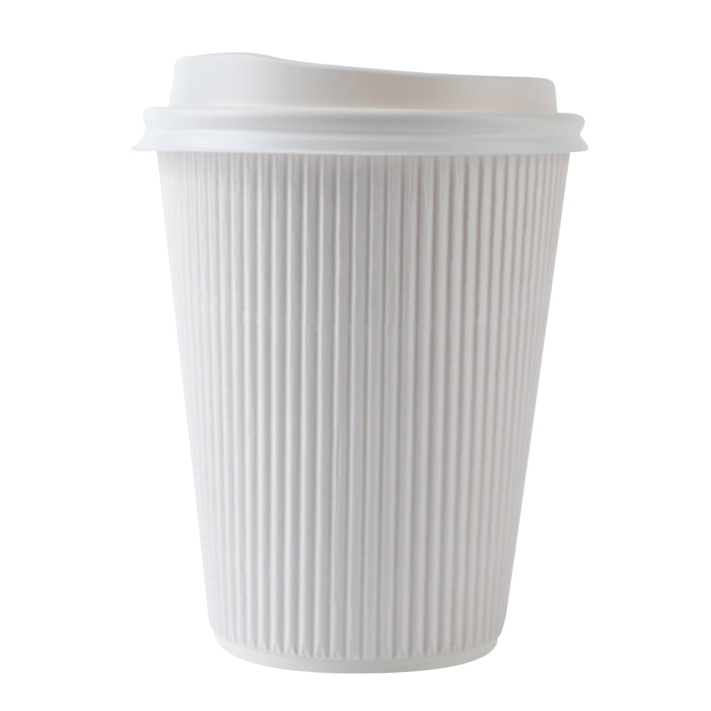 Restpresso 12 oz White Paper Ripple Wall Coffee Cup - with White Lid - 3 1/2" x 3 1/2" x 5" - 20 count box