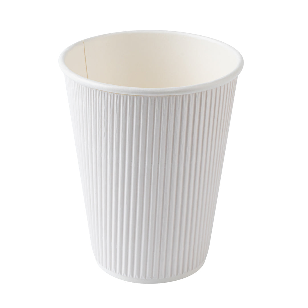 Restpresso 12 oz White Paper Ripple Wall Coffee Cup - with White Lid - 3 1/2" x 3 1/2" x 5" - 20 count box