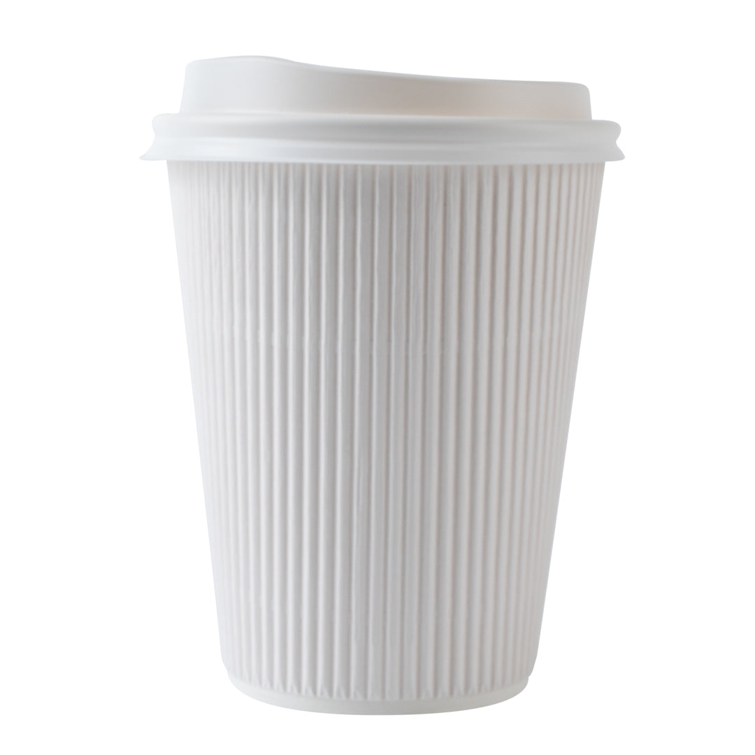 Restpresso 12 oz White Paper Ripple Wall Coffee Cup - with White Lid - 3 1/2" x 3 1/2" x 5" - 200 count box