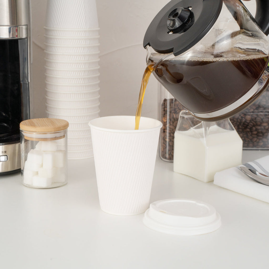 Restpresso 12 oz White Paper Ripple Wall Coffee Cup - with White Lid - 3 1/2" x 3 1/2" x 5" - 200 count box