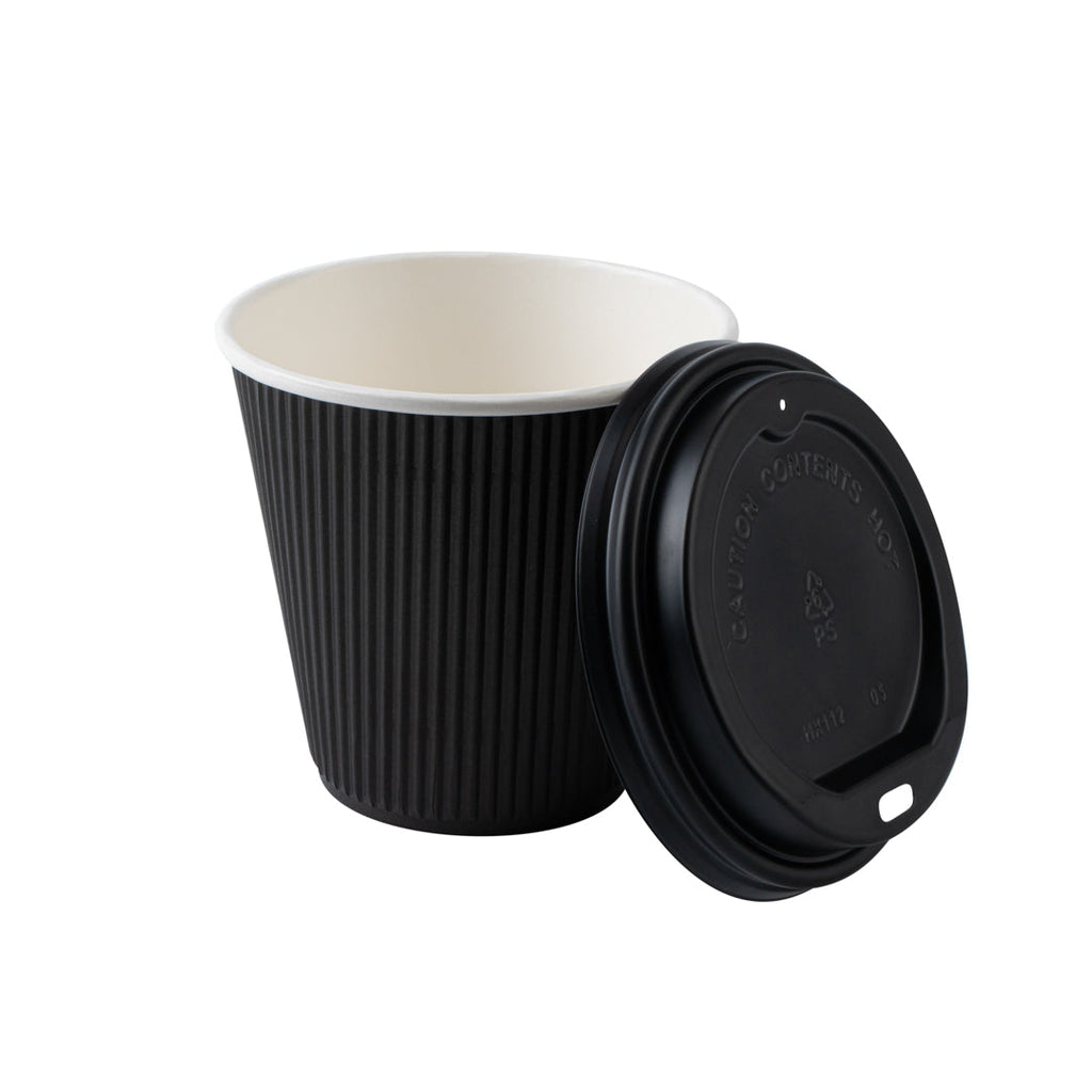 Restpresso 8 oz Black Paper Ripple Wall Coffee Cup - with Black Lid - 3 1/2" x 3 1/2" x 4" - 20 count box