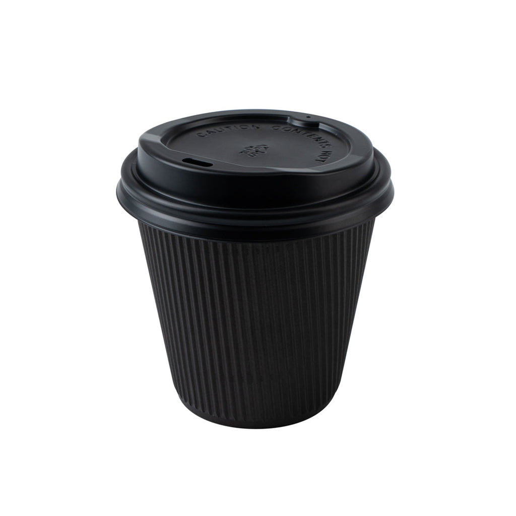 Restpresso 8 oz Black Paper Ripple Wall Coffee Cup - with Black Lid - 3 1/2" x 3 1/2" x 4" - 400 count box