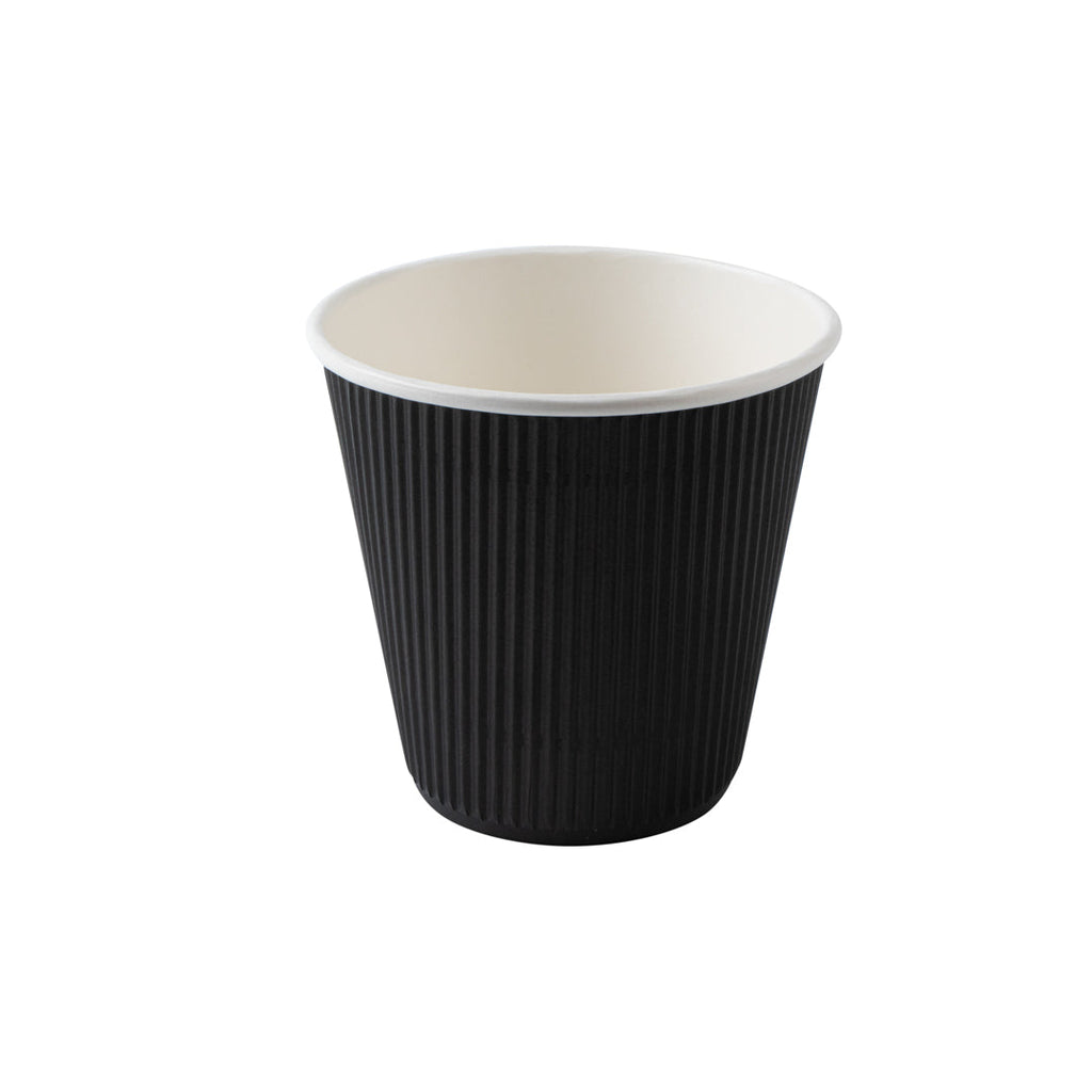 Restpresso 8 oz Black Paper Ripple Wall Coffee Cup - with Black Lid - 3 1/2" x 3 1/2" x 4" - 400 count box