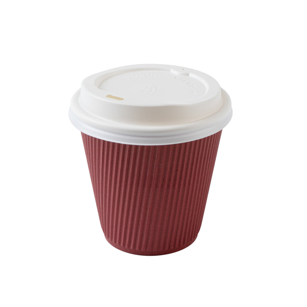 Restpresso 8 oz Crimson Paper Ripple Wall Coffee Cup - with White Lid - 3 1/2" x 3 1/2" x 4" - 20 count box