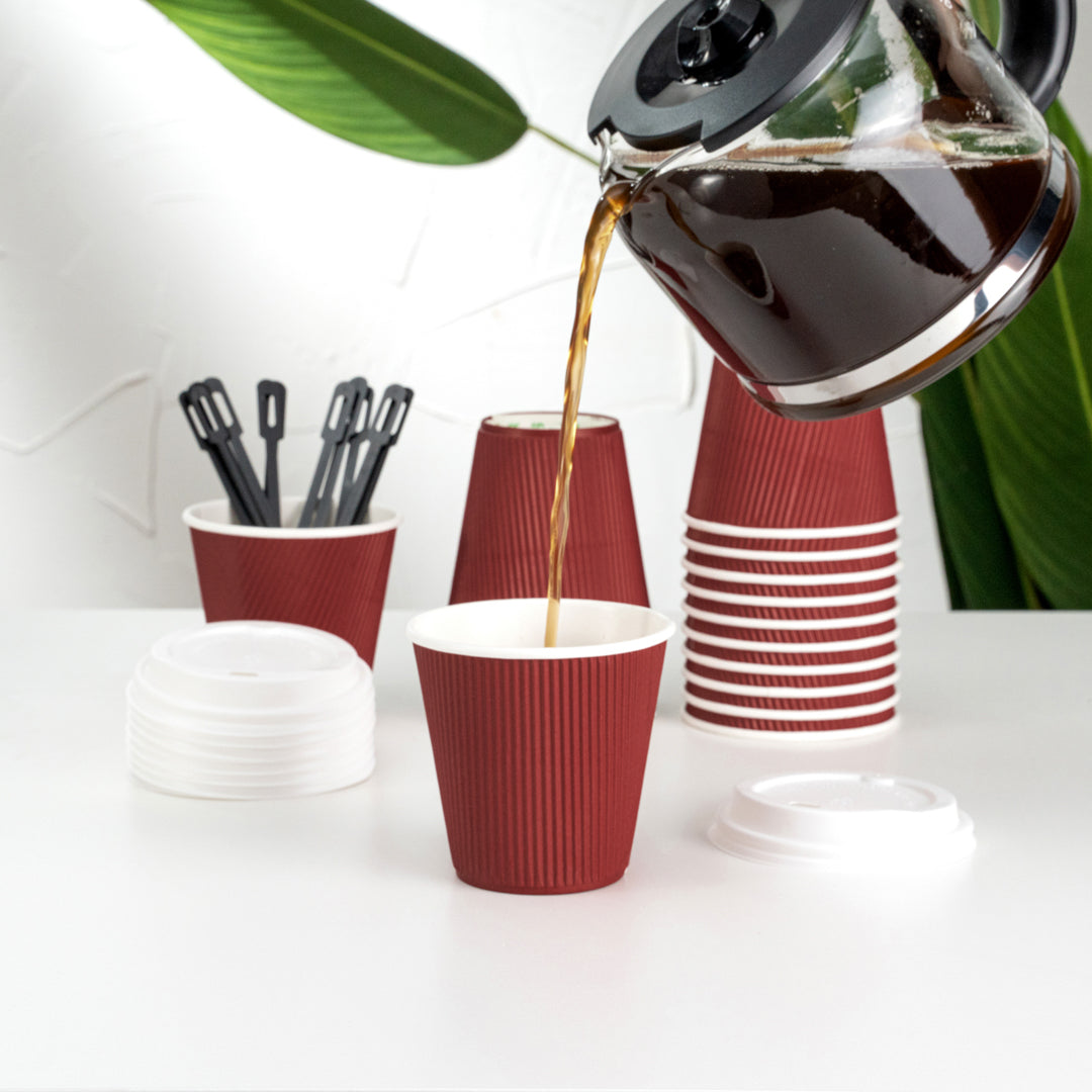 Restpresso 8 oz Crimson Paper Ripple Wall Coffee Cup - with White Lid - 3 1/2" x 3 1/2" x 4" - 400 count box