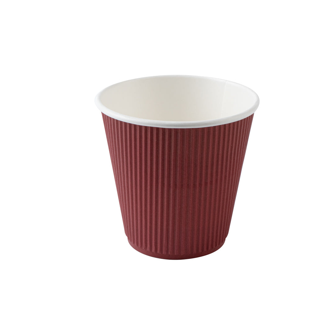 Restpresso 8 oz Crimson Paper Ripple Wall Coffee Cup - with White Lid - 3 1/2" x 3 1/2" x 4" - 400 count box