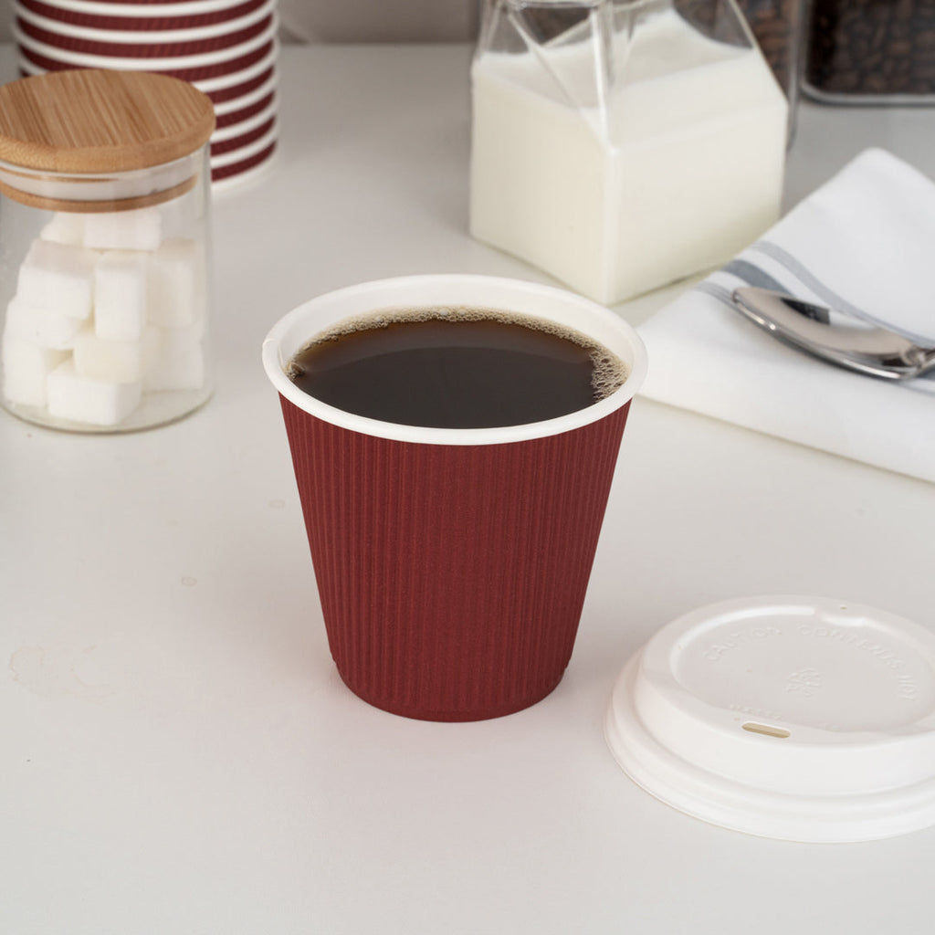 Restpresso 8 oz Crimson Paper Ripple Wall Coffee Cup - with White Lid - 3 1/2" x 3 1/2" x 4" - 400 count box