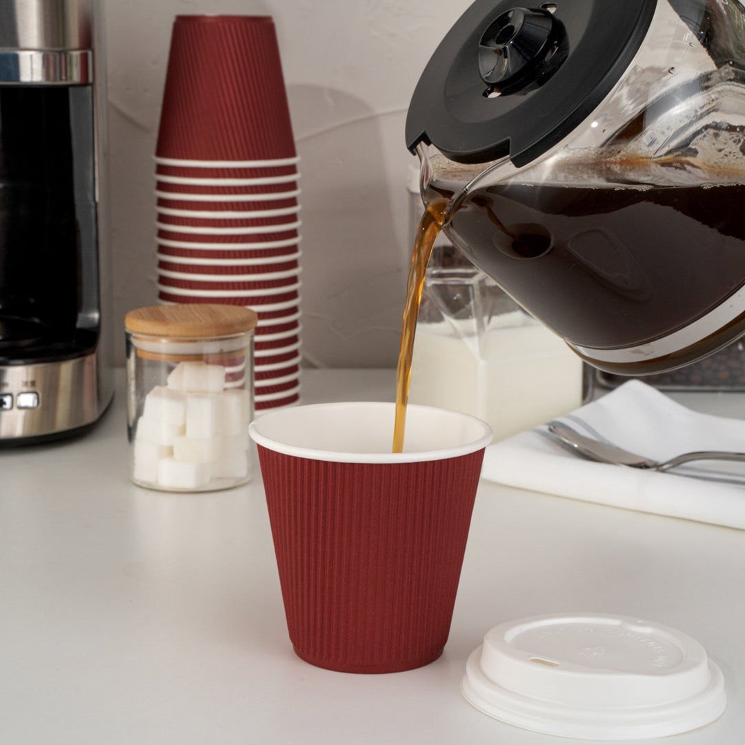 Restpresso 8 oz Crimson Paper Ripple Wall Coffee Cup - with White Lid - 3 1/2" x 3 1/2" x 4" - 400 count box