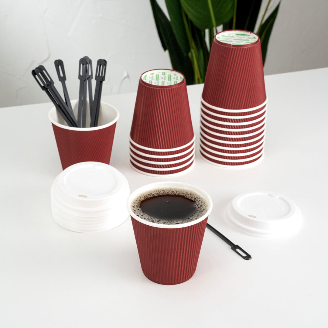 Restpresso 8 oz Crimson Paper Ripple Wall Coffee Cup - with White Lid - 3 1/2" x 3 1/2" x 4" - 400 count box